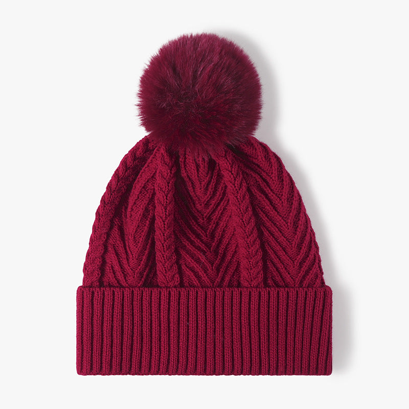 Cable Knit Solid Color Hat with Pompom Burgundy One Size