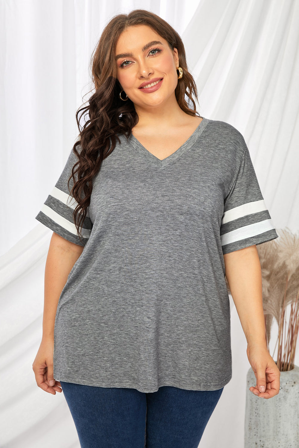 Plus Size Striped V-Neck Tee Shirt Mid Gray