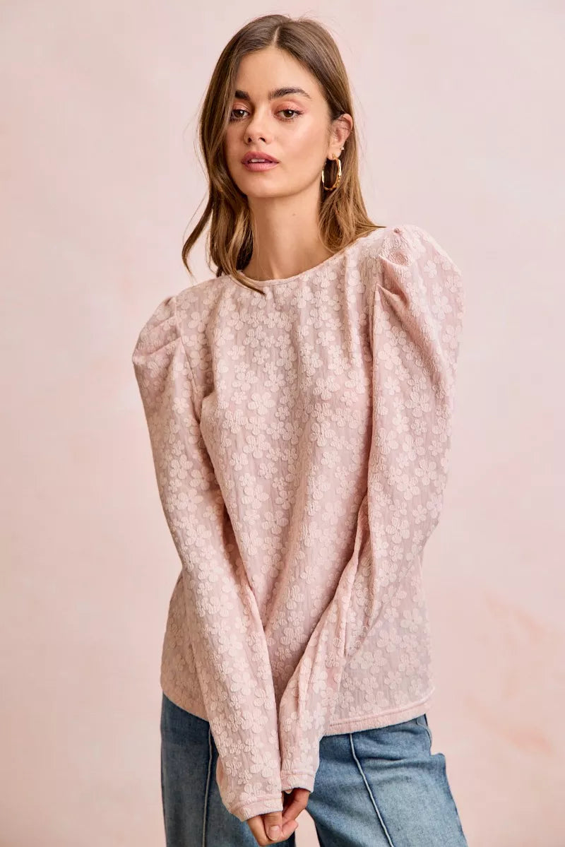 women's bibi textured flower knit puff shoulder top - additional image