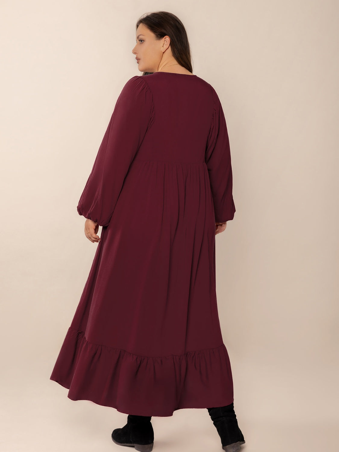 Plus Size Ruffled Hem V-Neck Balloon Sleeve Dress