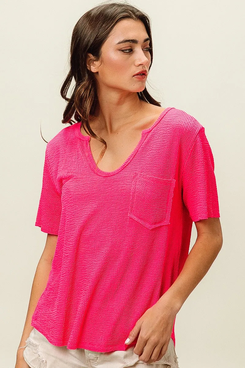 bibi waved rib u neck top with front pocket shown as women’s outerwear