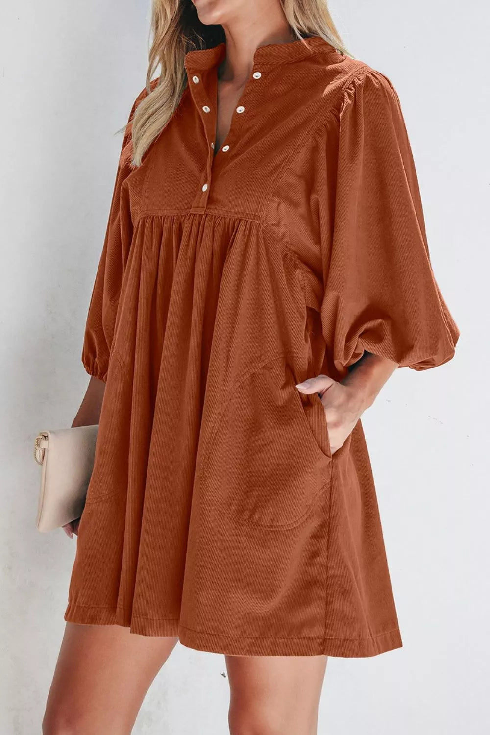 women's corduroy button-down babydoll dress - close-up detail