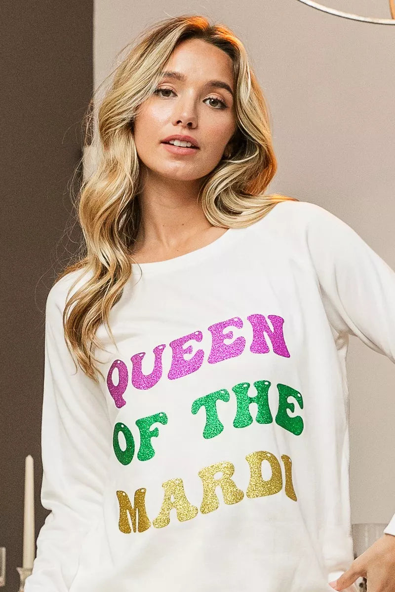 women's bibi queen of mardi glitter print mardi gras sweatshirt - additional image