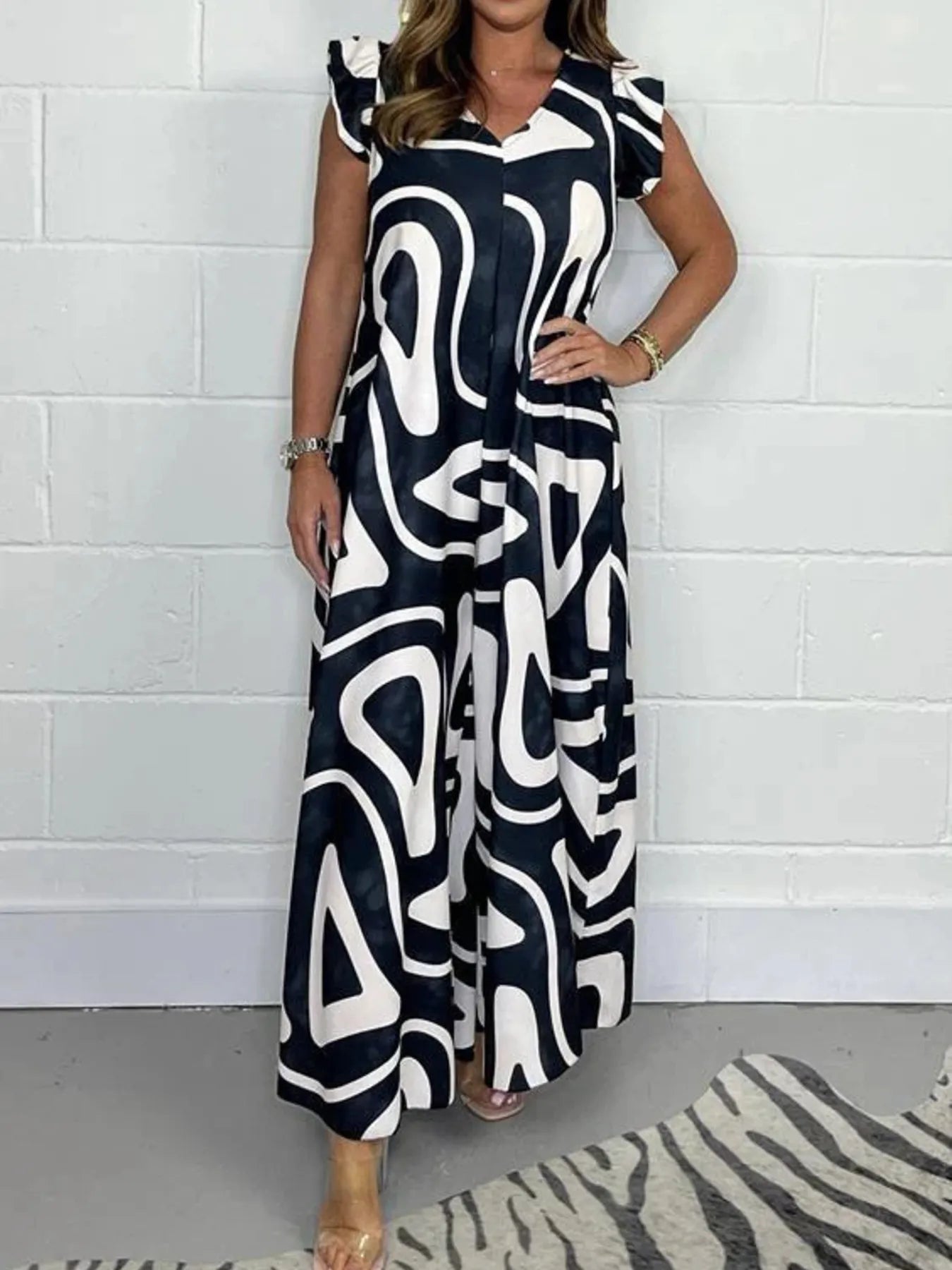 Full Size Printed Wide-Leg Jumpsuit with Flutter Sleeves Plus Size Black