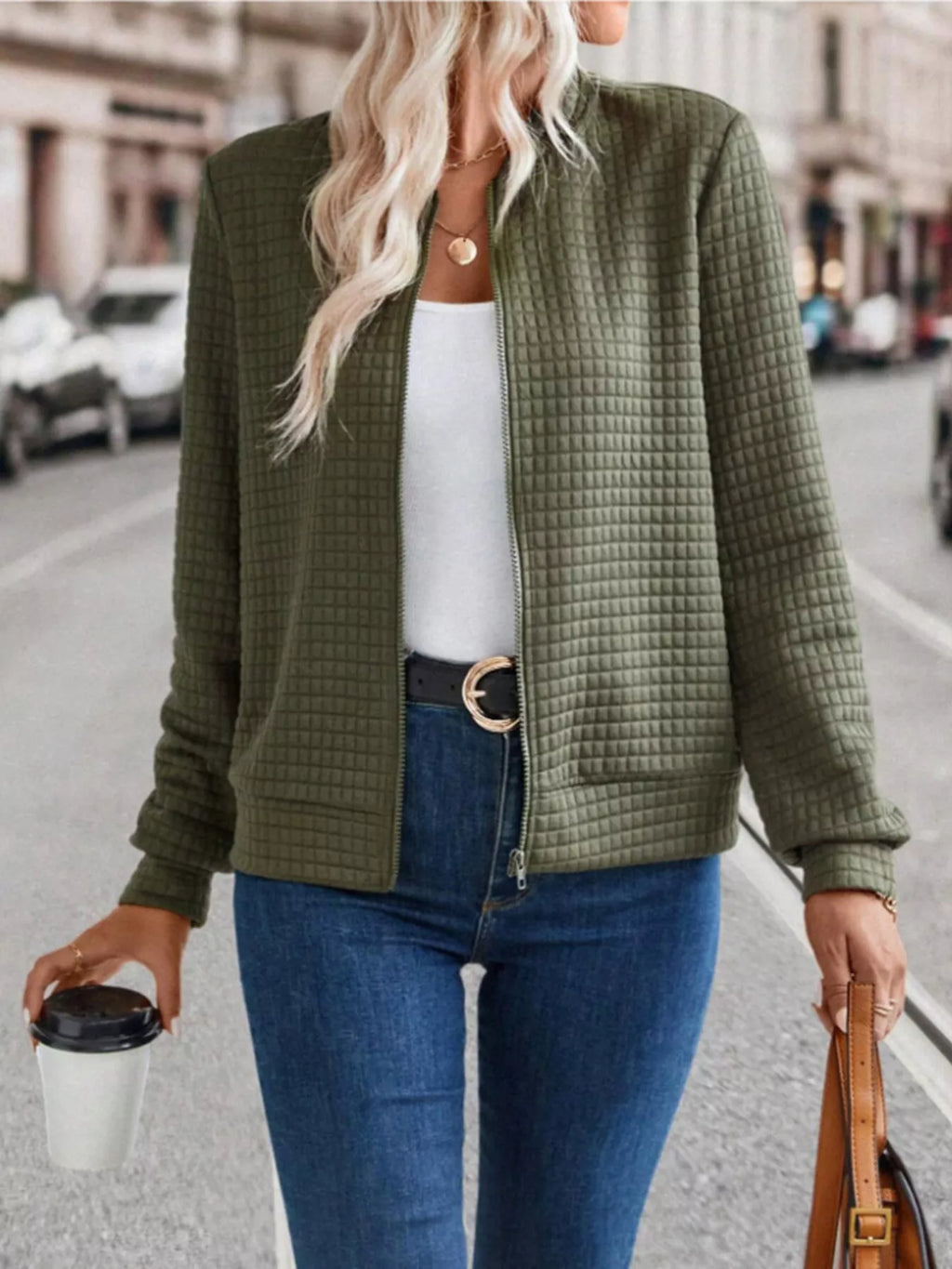 women's textured zip-up long sleeve jacket - main product image