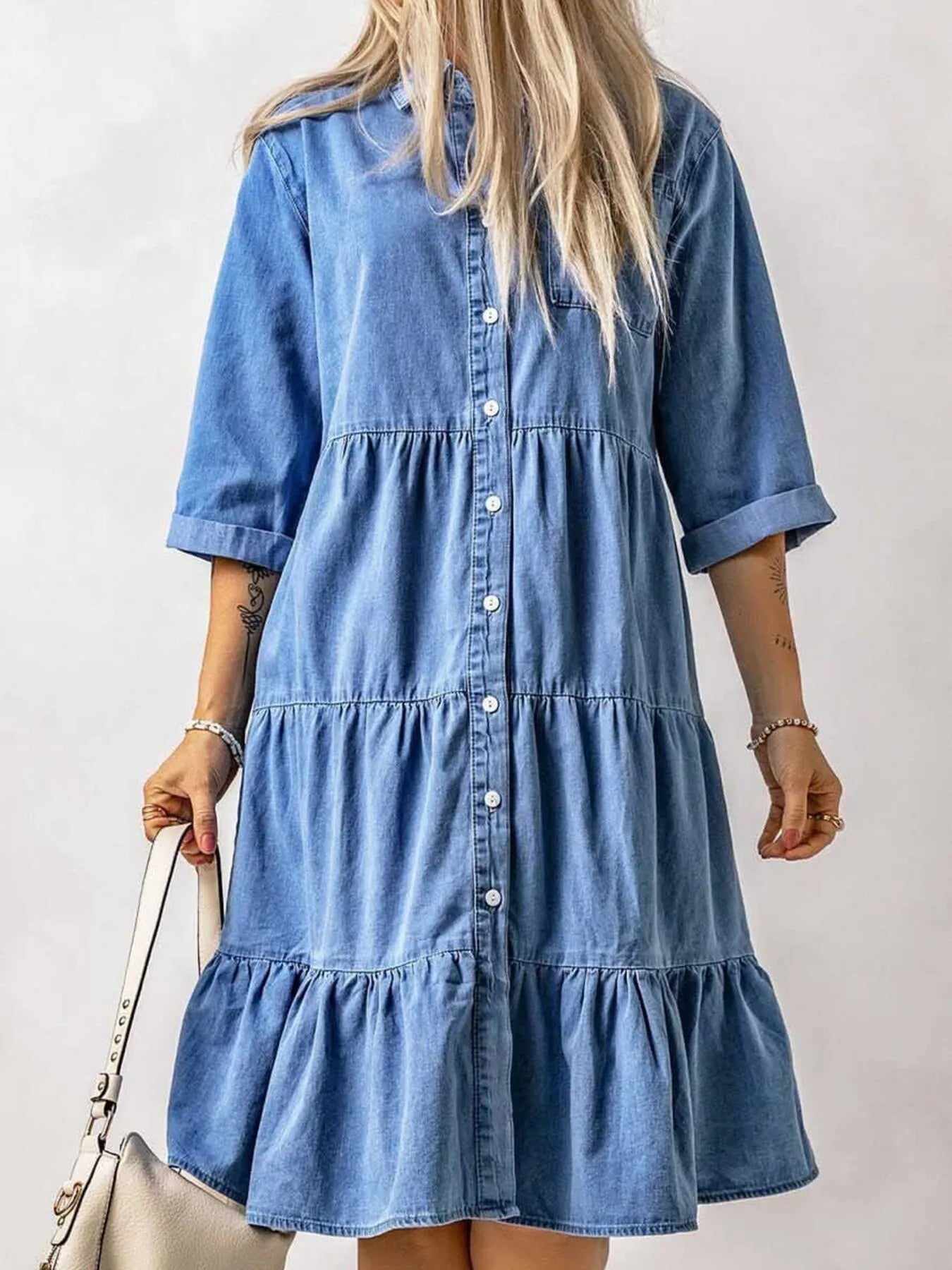 Full Size Ruffled Hem Button Up Denim Midi Dress Plus Size