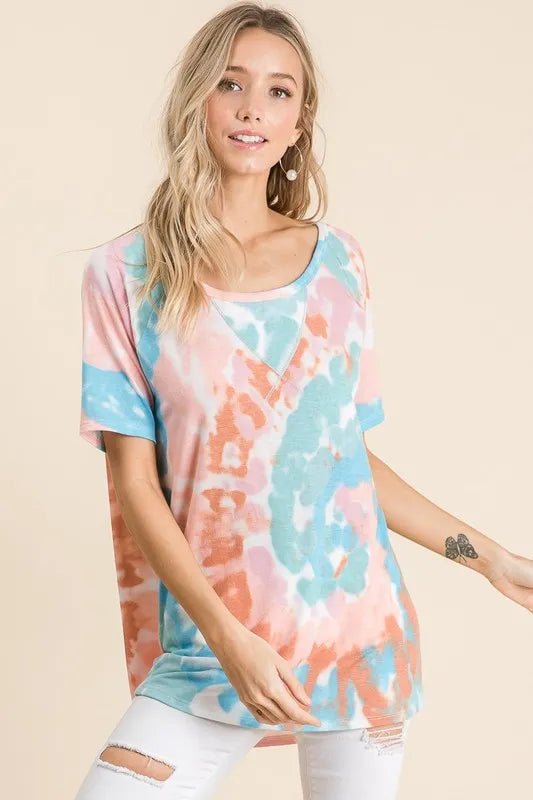women's bibi tie dye print short sleeve t-shirt with raglan sleeves - styled view