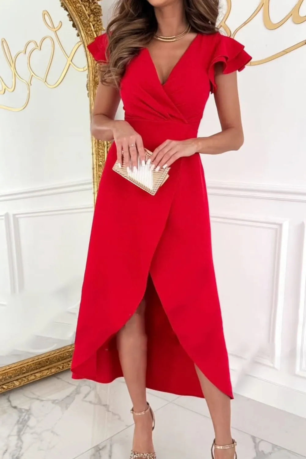 Surplice Ruffled Cap Sleeve Zip Back Dress Red
