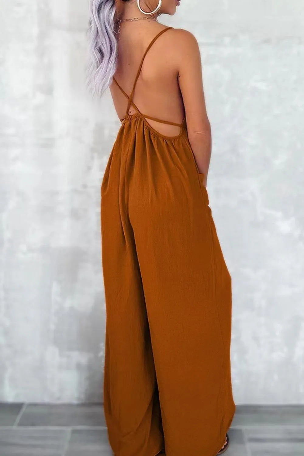 Casual Spaghetti Strap Wide Leg Jumpsuit with Pockets