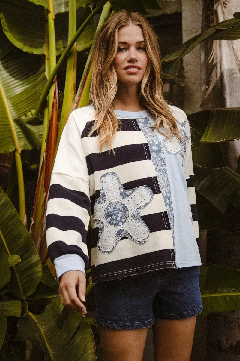 women's bibi patchwork striped round neck sweatshirt - additional image