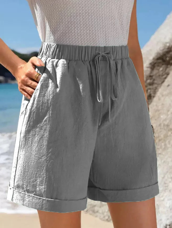 Full Size Drawstring Linen Blend Shorts Plus Size Grey