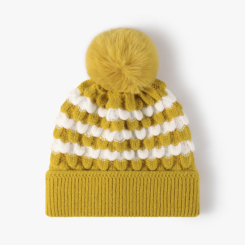 Striped Contrast Knit Hat with Pom-pom Yellow One Size