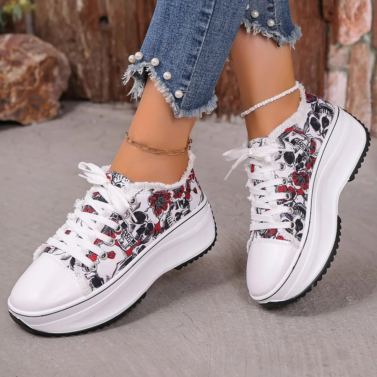 women's printed lace up platform sneakers - front view