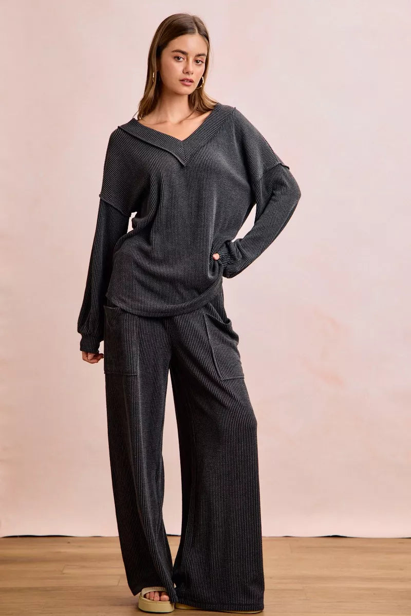 women's bibi two tone cord rib contrast stitching v-neck top and pants set - detail shot