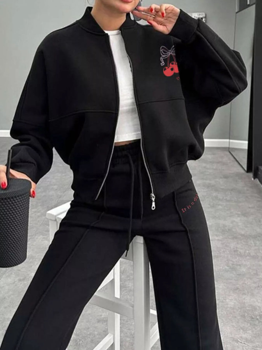 women's zip up dropped shoulder outerwear and pants set - extra view