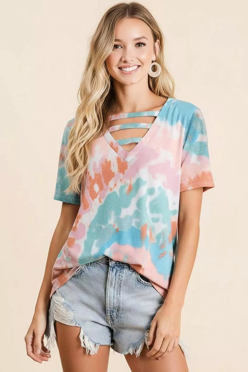 women's bibi tie-dye v-neck cutout short sleeve t-shirt - detail shot