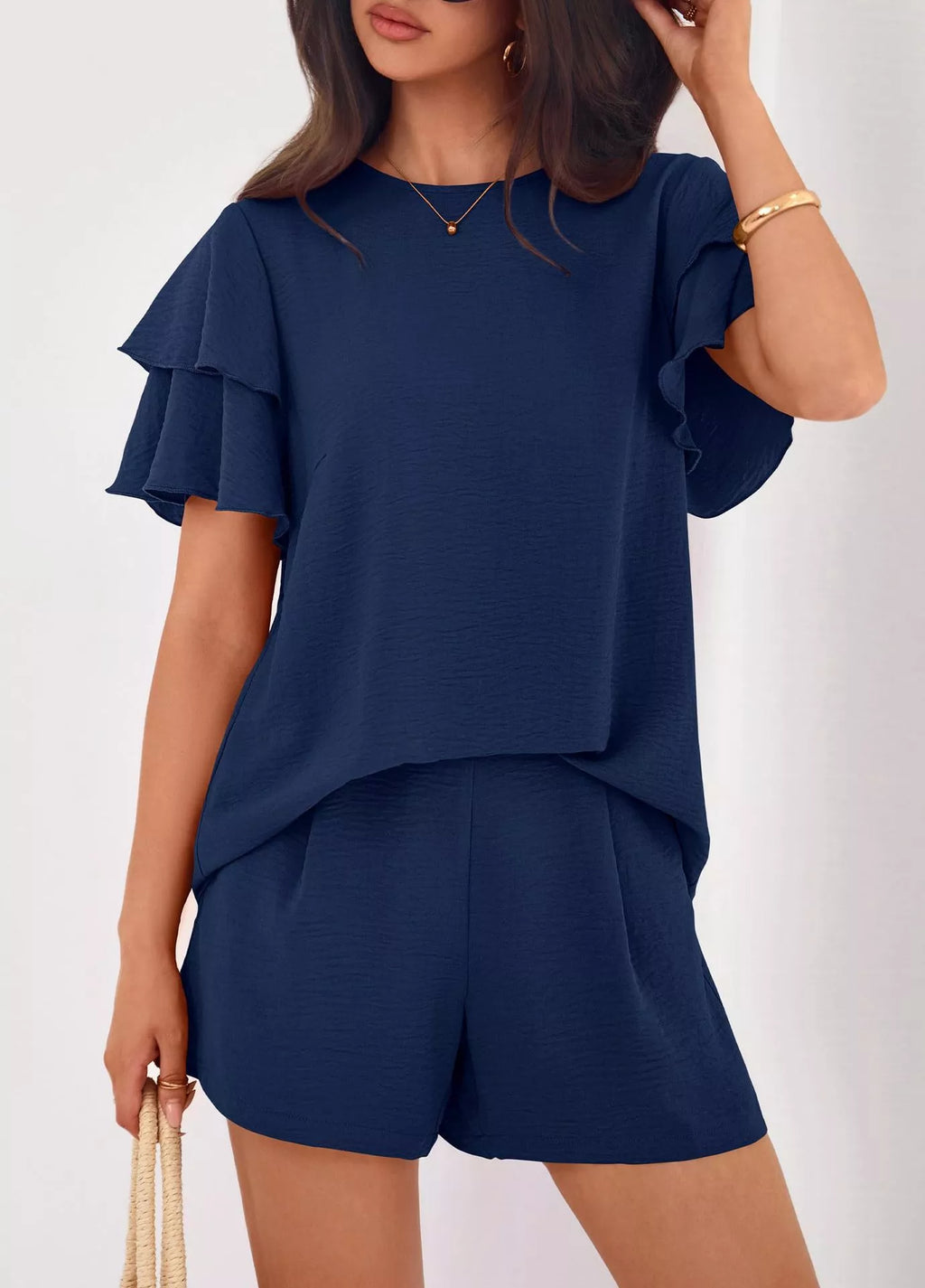 women's ruffle sleeve top and shorts two-piece set - additional image