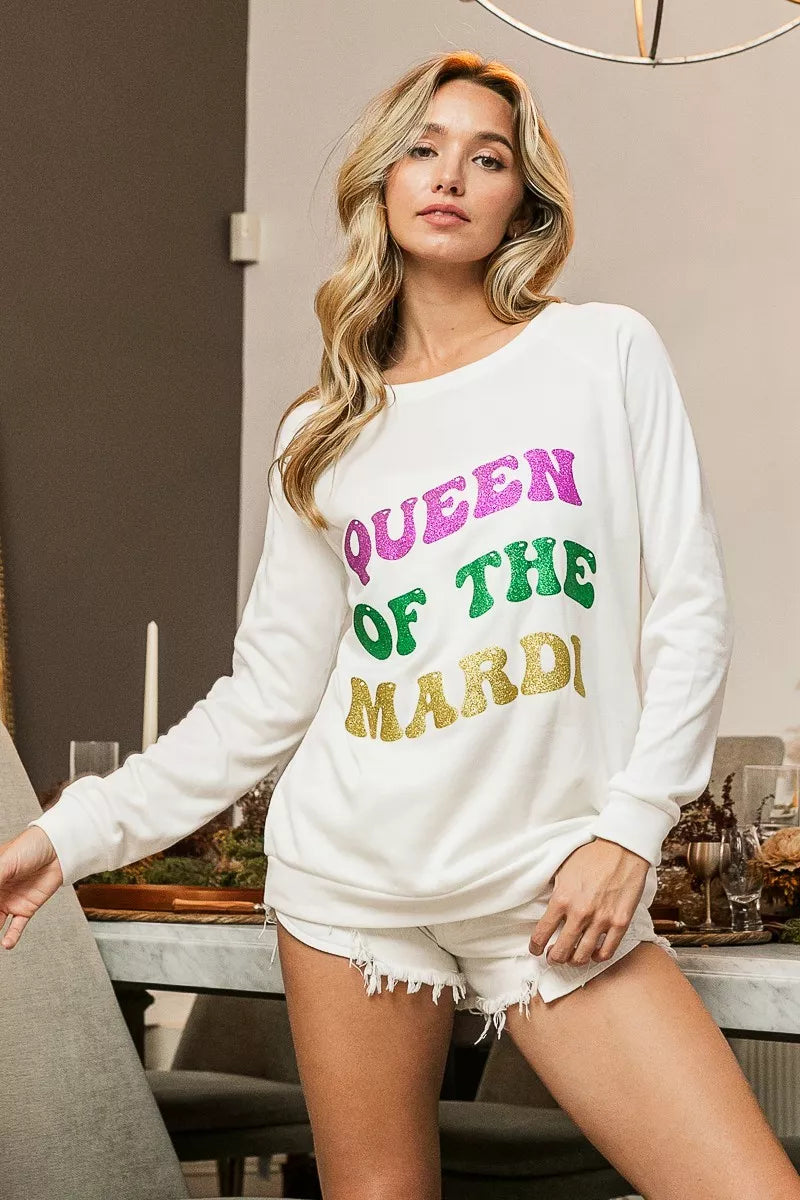 women's bibi queen of mardi glitter print mardi gras sweatshirt - styled view