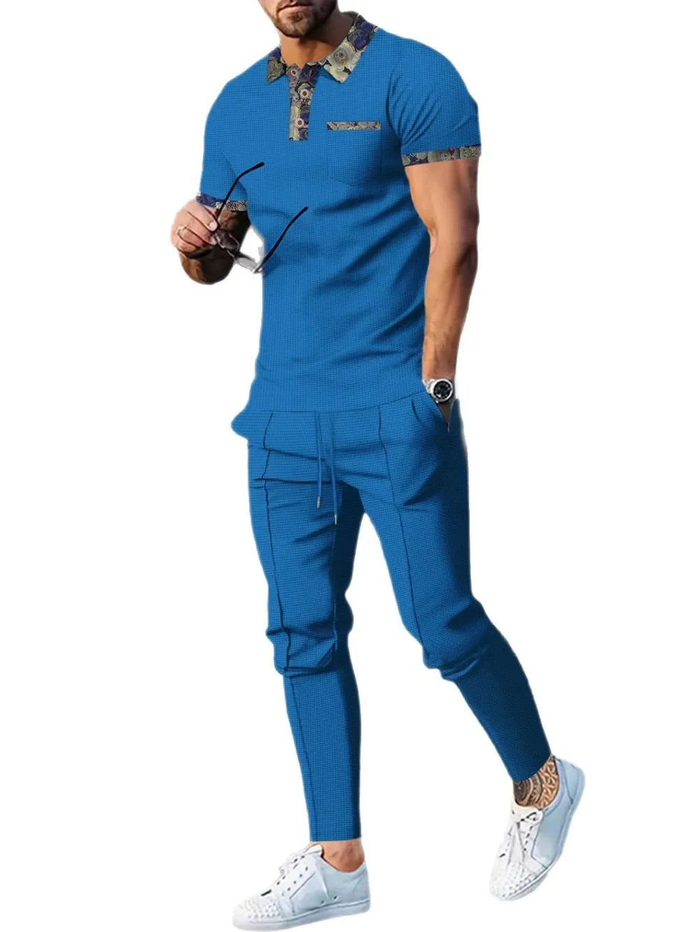 Men's Full Size Waffle Knit Short Sleeve Polo and Pants Set Plus Size