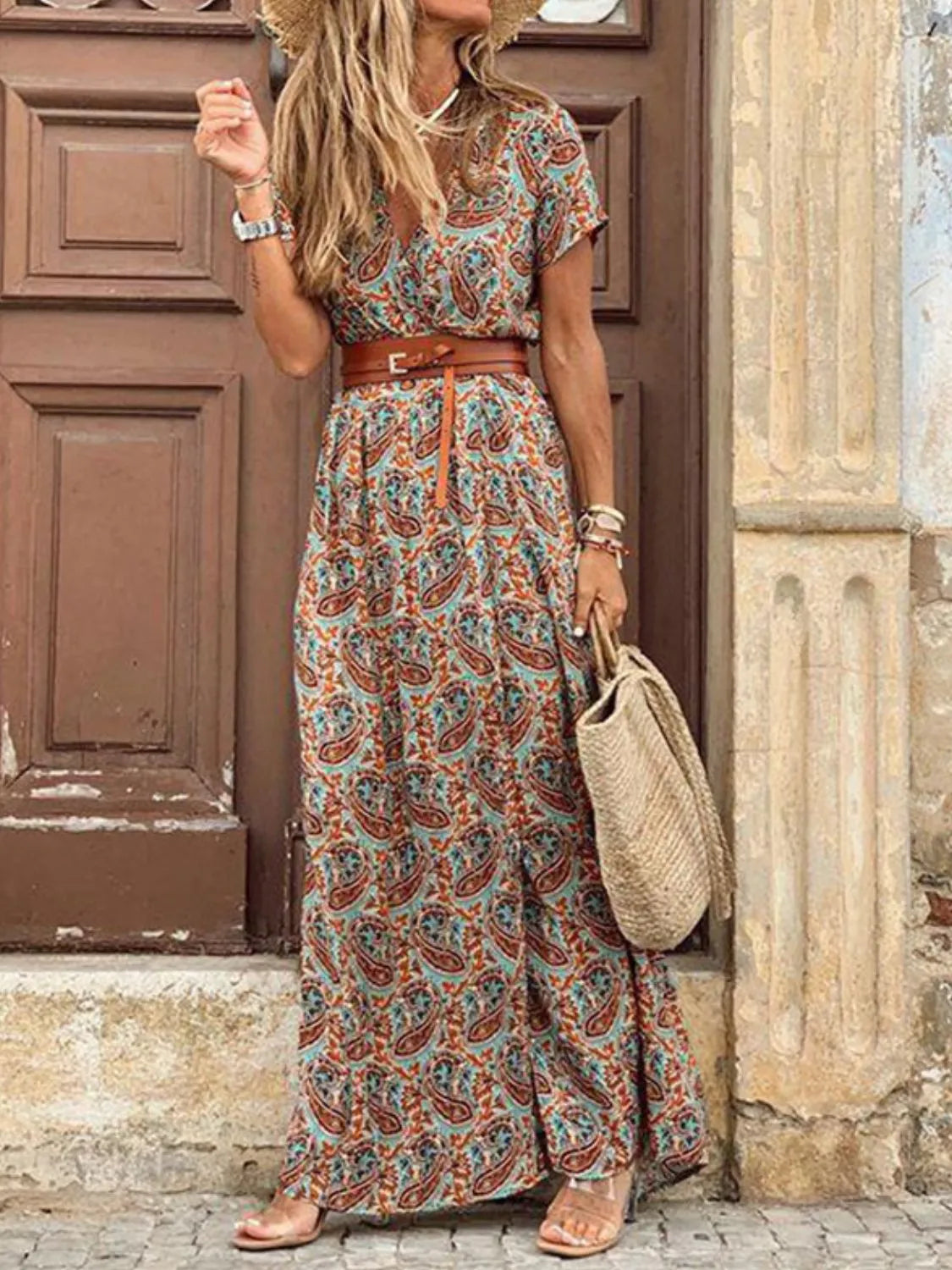 Full Size Printed V-Neck Short Sleeve Maxi Dress Plus Size Brown