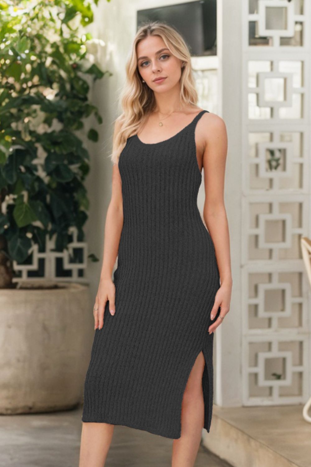 Slit Round Neck Ribbed Sweater Dress