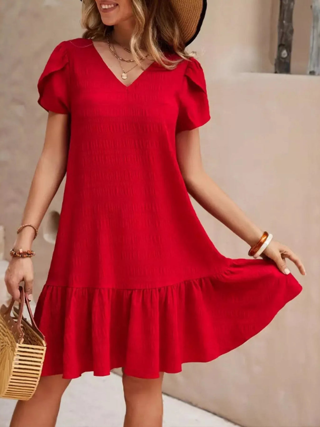 women's v-neck ruffle hem textured mini dress - styling option