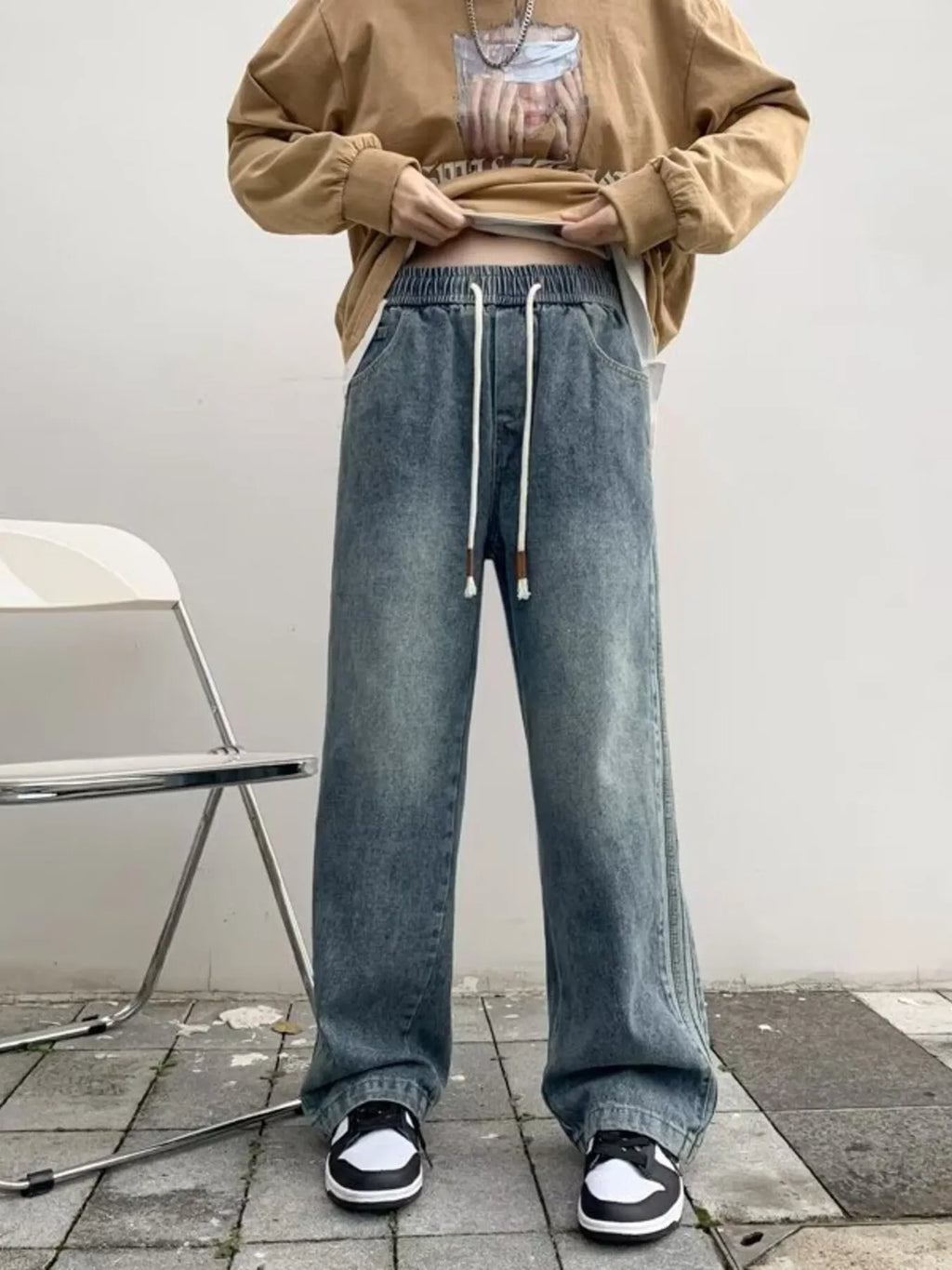 men's men's full size vintage wash wide leg jeans plus size - front view