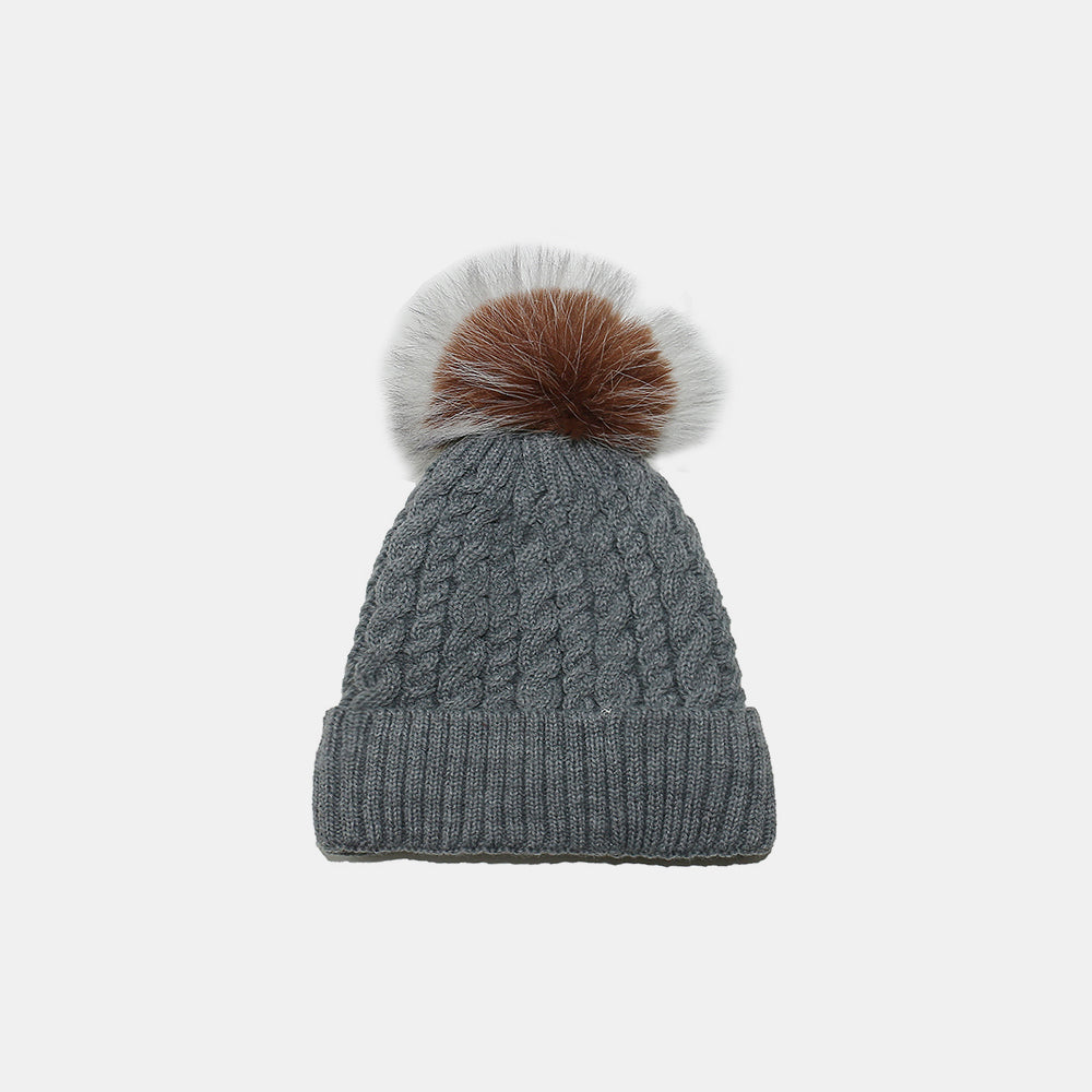 Cable Knit Winter Hat with Pompom Dark Gray One Size