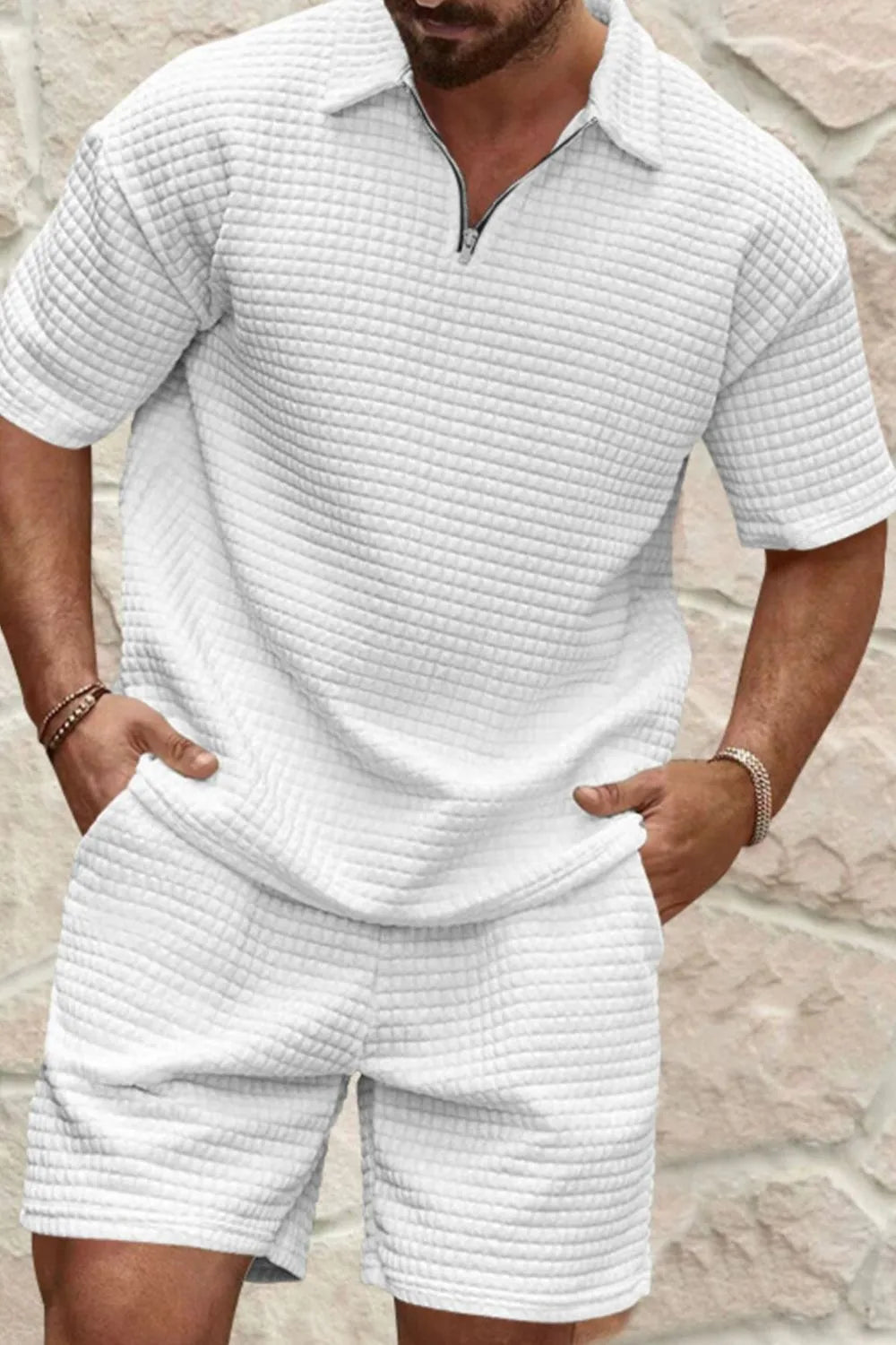 men's men's full size zip collar short sleeve top and shorts set plus size - additional image