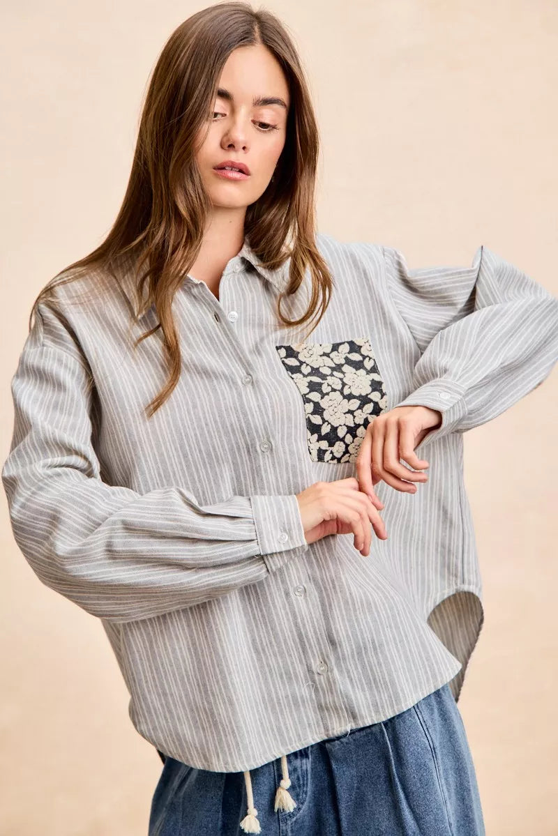 women's bibi flower jacquard knit patch pocket stripe shirt - product detail