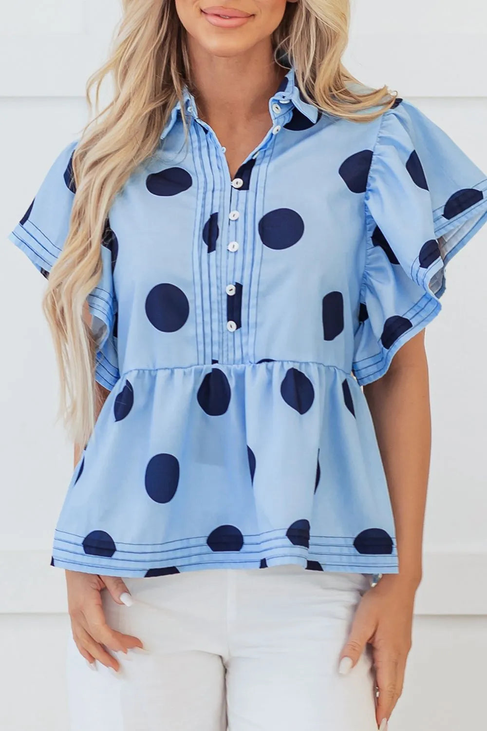 Polka Dot Print Ruffled Short Sleeve Buttoned Collared Blouse Light Blue
