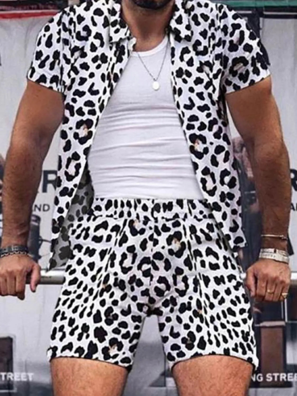 men's men's full size leopard button up shirt and shorts set plus size - styled view