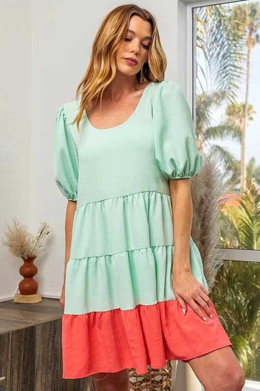 women's bibi two-tone balloon sleeves u neck tiered ruffle hem mini dress - product detail