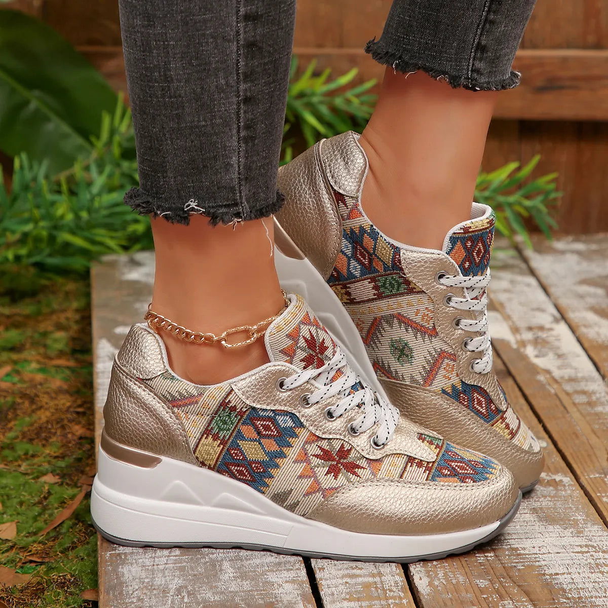 women's geometric lace up wedge sneakers - extra view