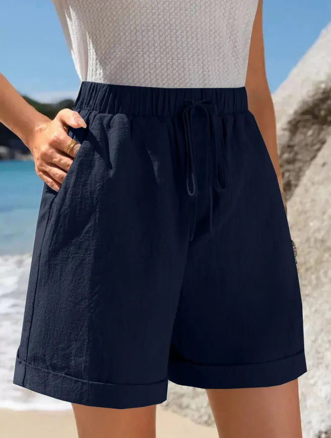 Full Size Drawstring Linen Blend Shorts Plus Size Navy Blue