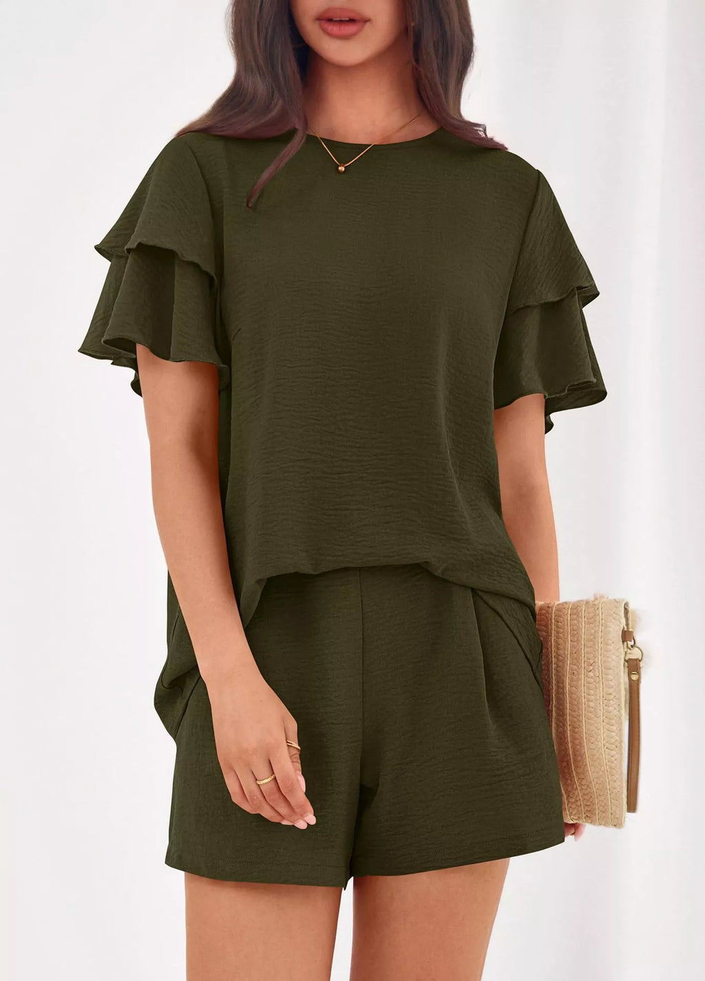 women's ruffle sleeve top and shorts two-piece set - additional image