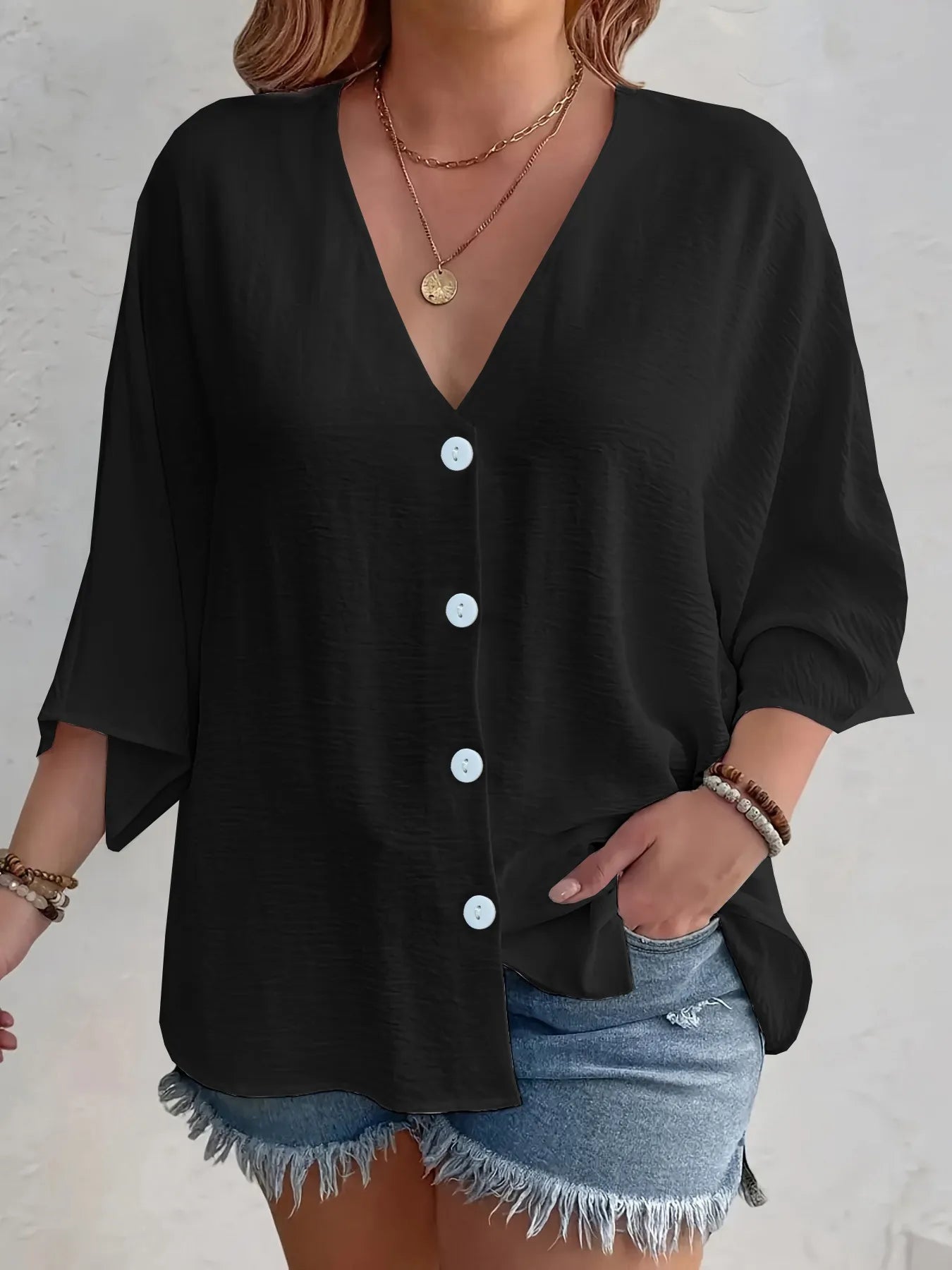 Full Size Casual V-Neck Button Down Relaxed Fit Blouse Plus Size Black