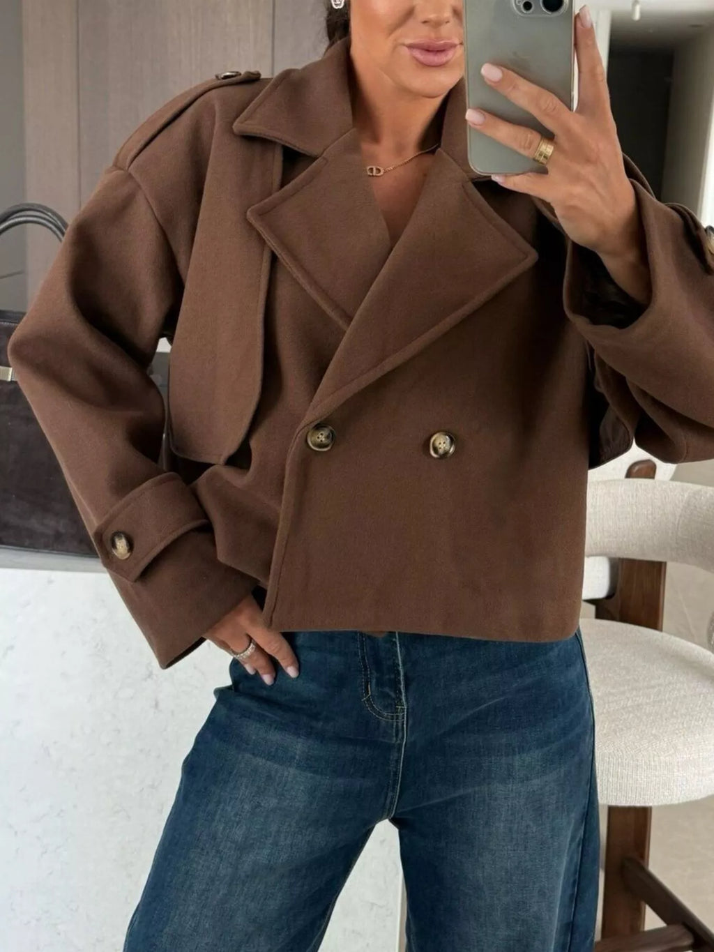 women's double-breasted cropped outerwear - front view