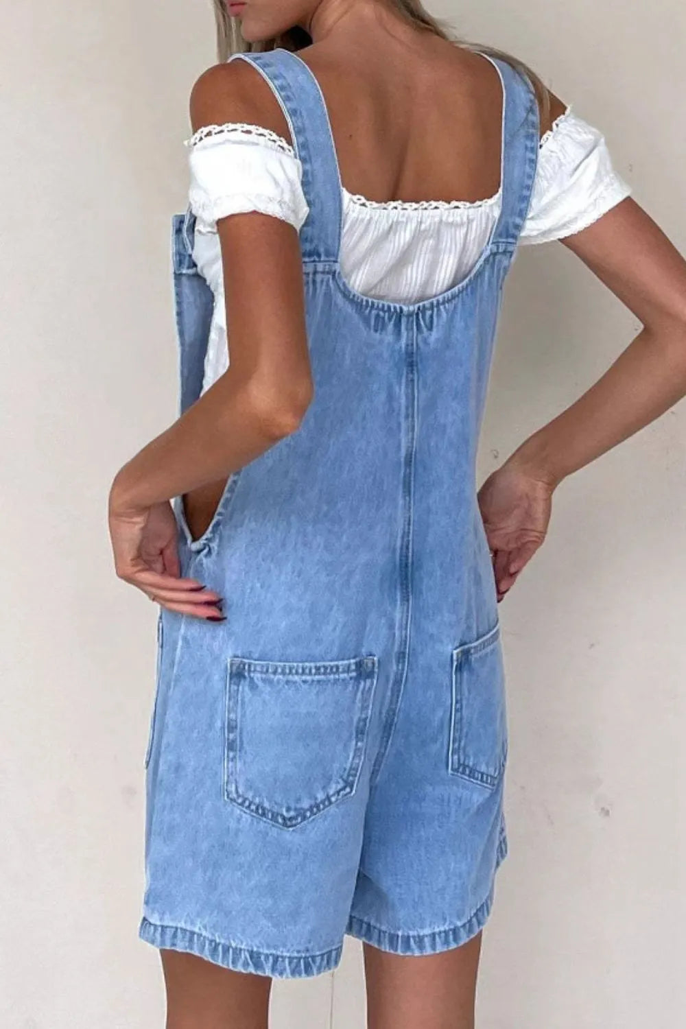 Button Front Denim Overall Shorts with Front Pockets