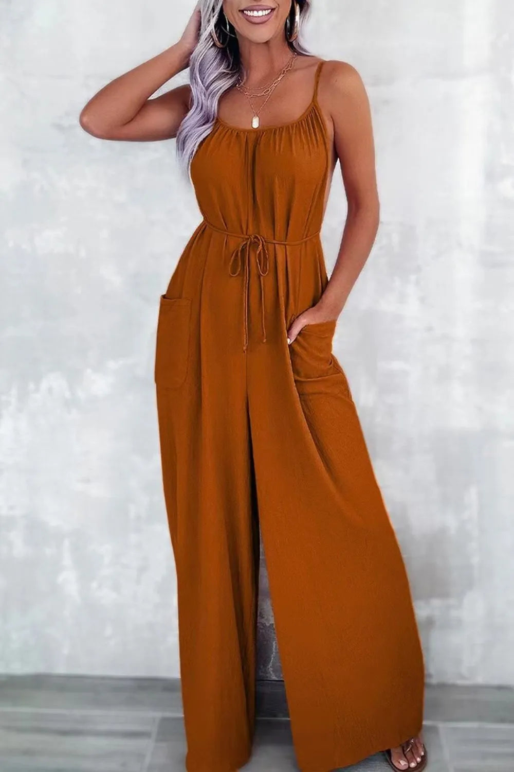 Casual Spaghetti Strap Wide Leg Jumpsuit with Pockets Terracotta