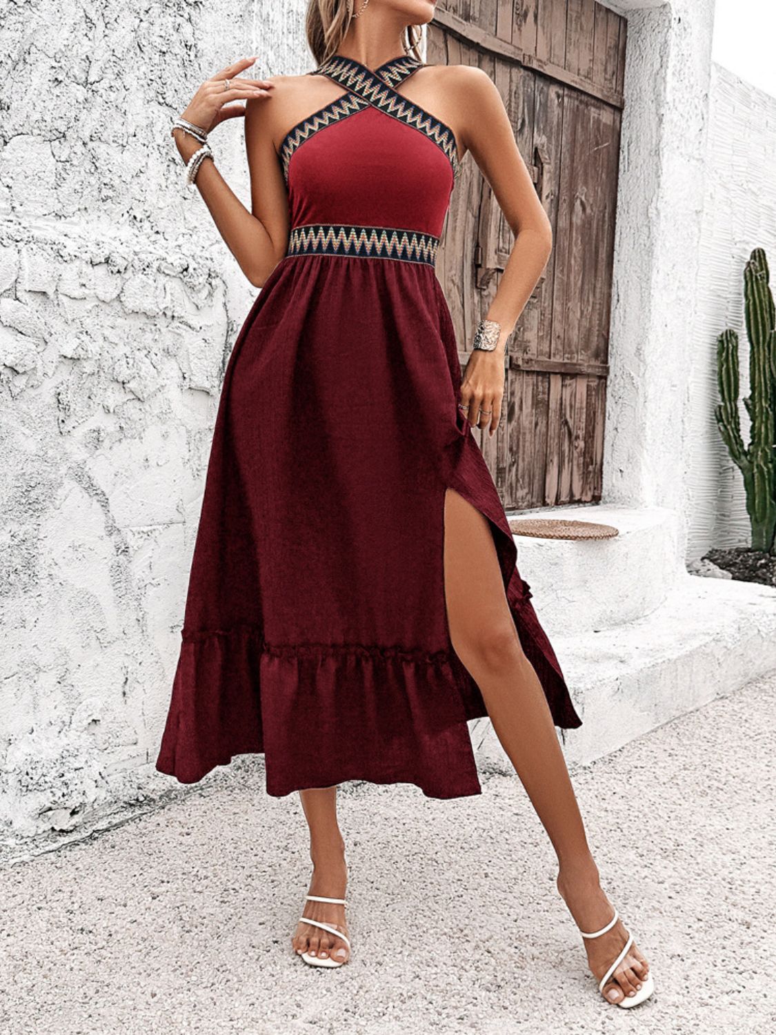 Devine Ruffled Slit Sleeveless Midi Dress