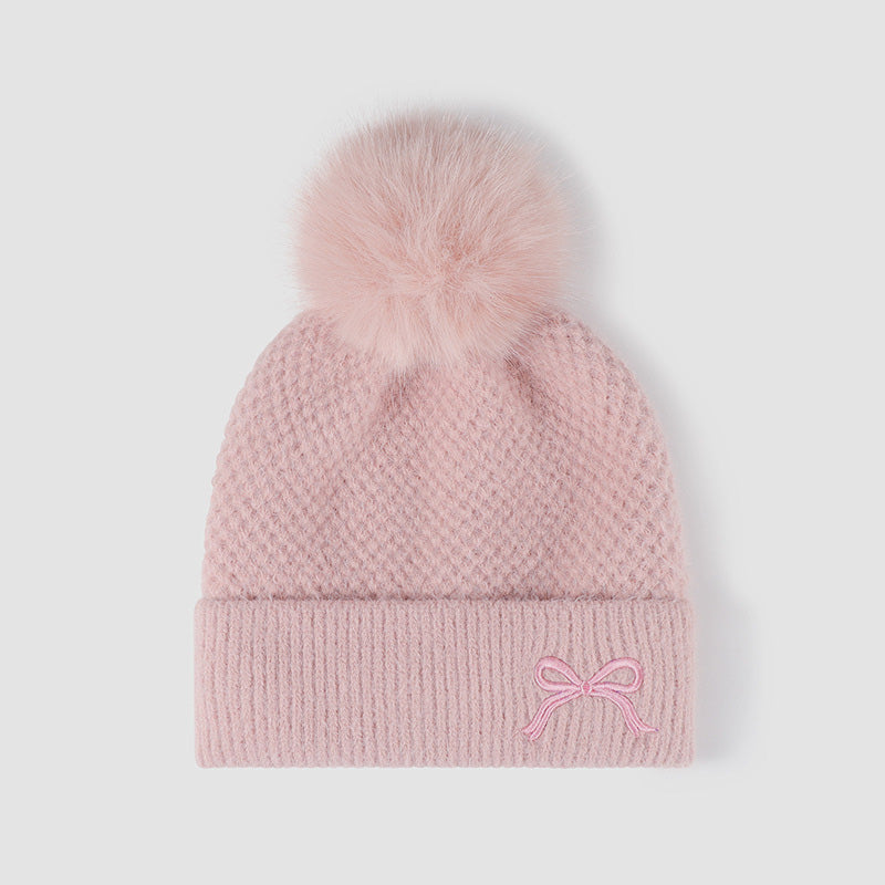 Thermal Bow Knit Hat with Pompom Pink One Size