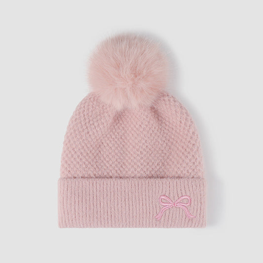 Thermal Bow Knit Hat with Pompom Pink One Size