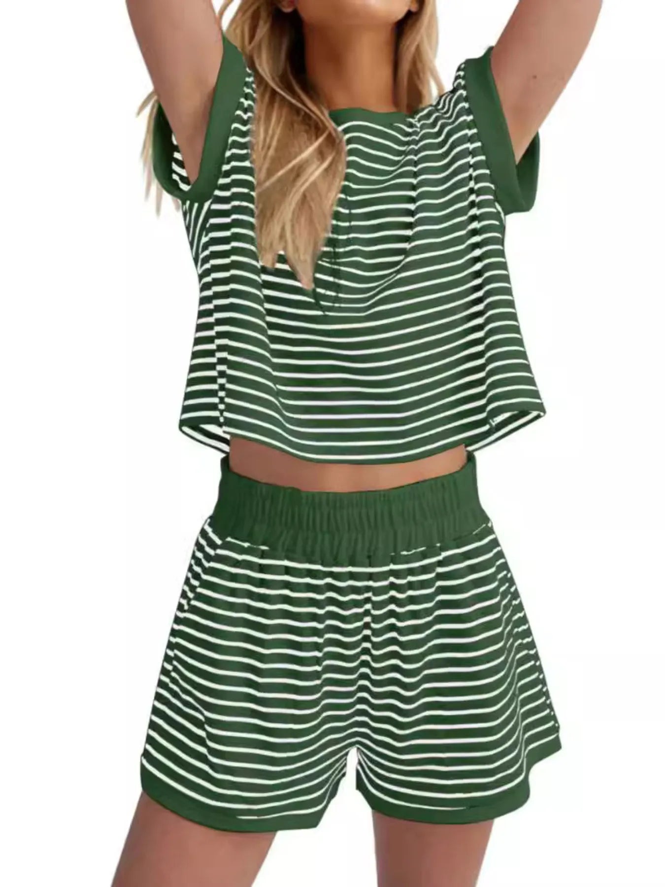Full Size Contrast Striped T-Shirt and Shorts Set Plus Size White Bars On Green Background