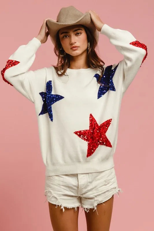 bibi velvet sequin star patches sweater top shown as women’s sweater