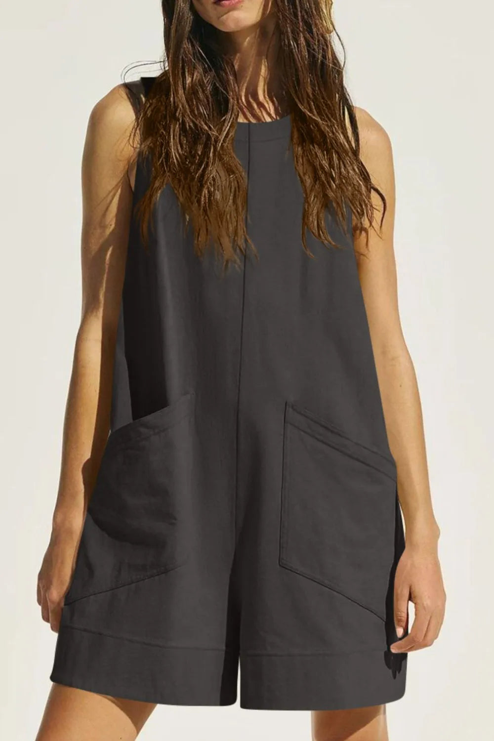 Lovelet Round Neck Sleeveless Romper with Pockets Dark Gray