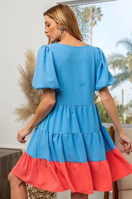 women's bibi two-tone balloon sleeves u neck tiered ruffle hem mini dress - styling option