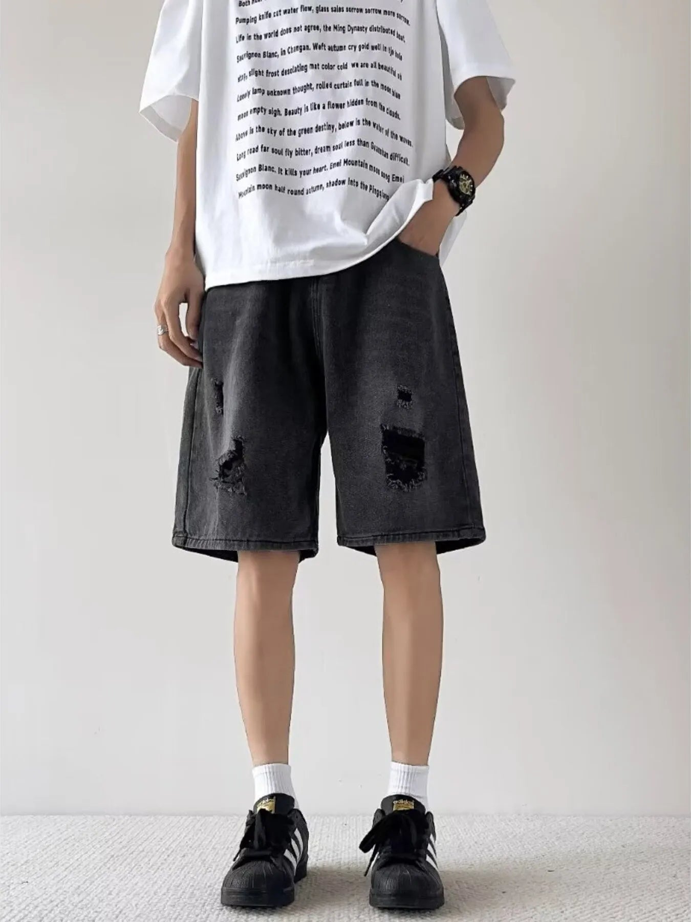 men's men's full size casual loose fit ripped denim shorts plus size - extra view