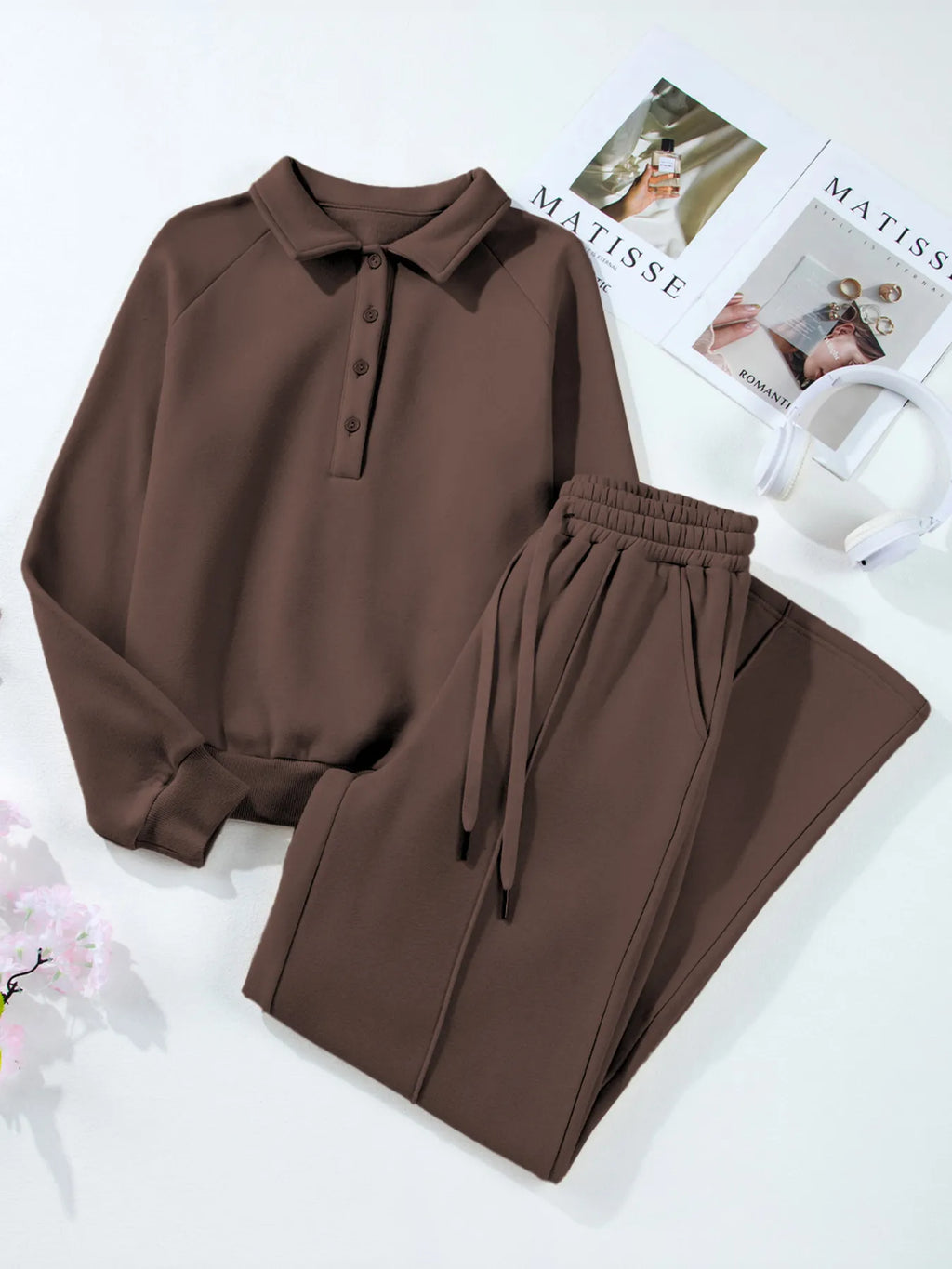 women's collared sweatshirt and high waist pants active set - additional image