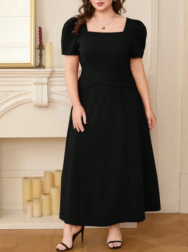 Plus Size Square Neck Puff Sleeve Midi Dress Black